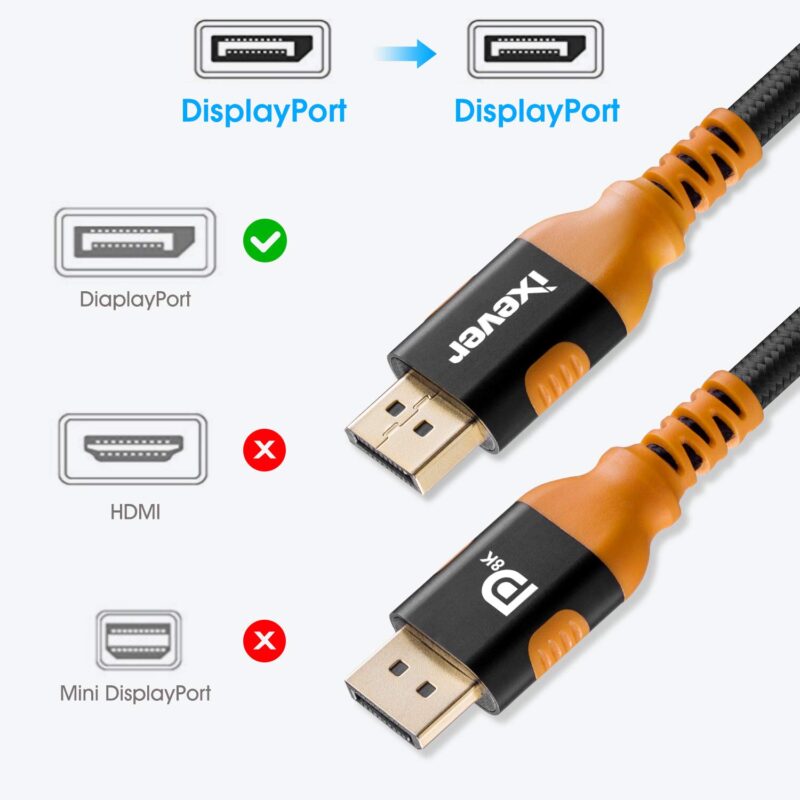 2 Pack DisplayPort 1.4 Cable 8K 60Hz 6.6Ft (2m), DisplayPort to DisplayPort Ultra Hi Speed 8K 60Hz, 4K 144Hz Supports HBR3, DSC, HDR 10, UHD, up to 32.4 Gbit/s For PC, Monitor, HDTV, Projectors - Image 6