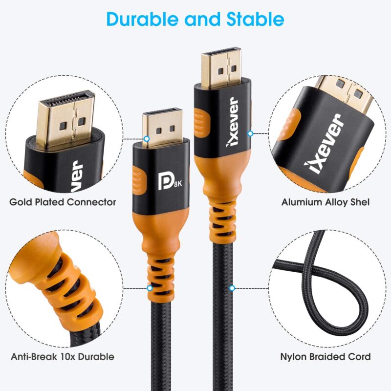2 Pack DisplayPort 1.4 Cable 8K 60Hz 6.6Ft (2m), DisplayPort to DisplayPort Ultra Hi Speed 8K 60Hz, 4K 144Hz Supports HBR3, DSC, HDR 10, UHD, up to 32.4 Gbit/s For PC, Monitor, HDTV, Projectors - Image 5