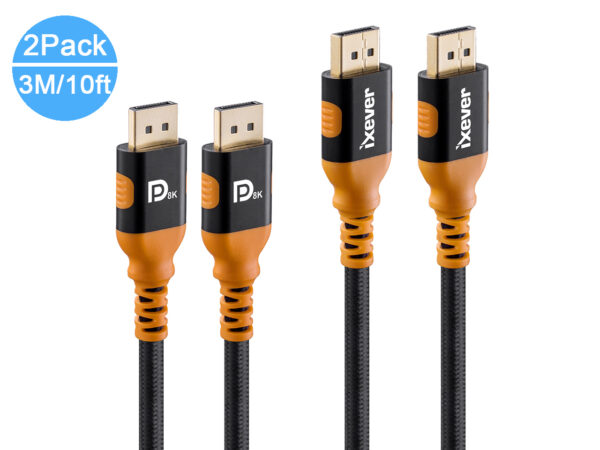 2Pack DisplayPort 1.4 Cable 8K 10ft 3M, iXever Nylon Braided 8K DP to DP Cable (8K@60Hz, 4K@144Hz and 1080P@240Hz), HBR3, 32.4Gbps, HDCP 2.2, HDR Support