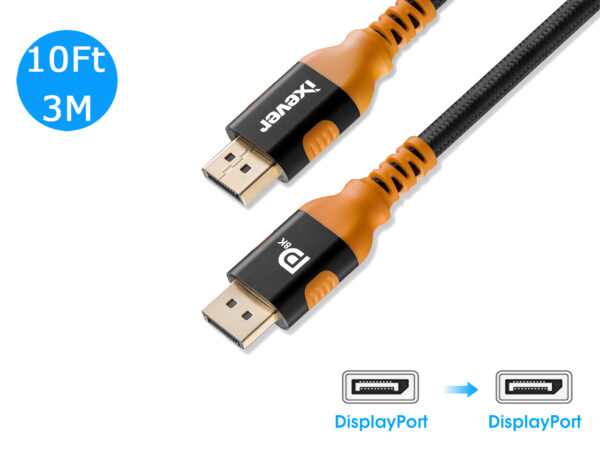DisplayPort 1.4 Cable 10ft 3m, iXever Nylon Braided 8K DP to DP Cable (8K@60Hz, 4K@144Hz and 1080P@240Hz), HBR3, 32.4Gbps, HDCP 2.2, HDR Support