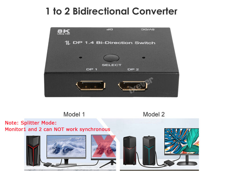 8K DisplayPort 1.4 Switch, iXever DP DisplayPort 1.4 Bi-Direction Switch Splitter 1X2 or 2x1 DP 1.4 KVM 8K@60Hz 4K@120Hz for Multiple Source and displays switcher - Image 2