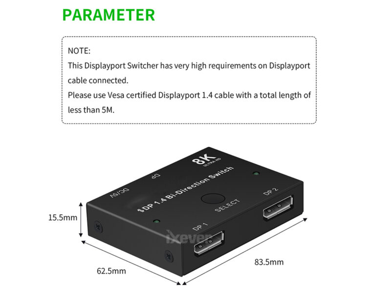 8K DisplayPort 1.4 Switch, iXever DP DisplayPort 1.4 Bi-Direction Switch Splitter 1X2 or 2x1 DP 1.4 KVM 8K@60Hz 4K@120Hz for Multiple Source and displays switcher - Image 8