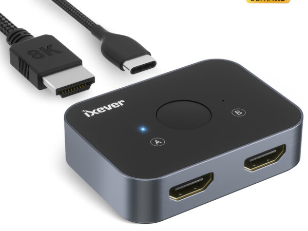 HDMI 2.1 Switch, iXever Bi-directional 8K HDMI Splitter (1 in 2 Out)/HDMI Switch (2 in 1 Out) 2-Port HDMI Hub Compatible with Xbox PS5/4/3 Blu-Ray Player Fire Stick Roku