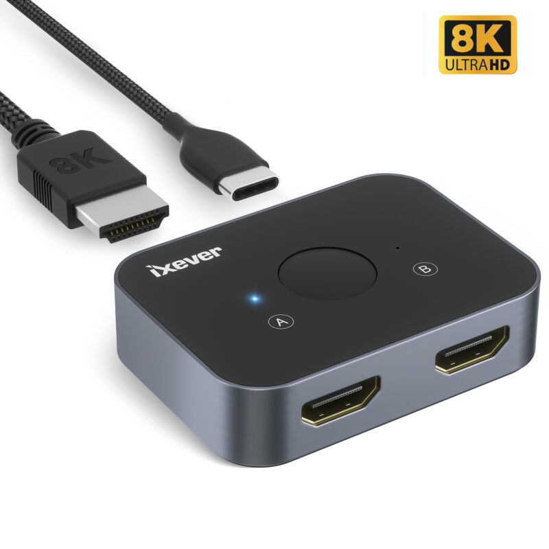 HDMI 2.1 Switch, iXever Bi-directional 8K HDMI Splitter (1 in 2 Out)/HDMI Switch (2 in 1 Out) 2-Port HDMI Hub Compatible with Xbox PS5/4/3 Blu-Ray Player Fire Stick Roku