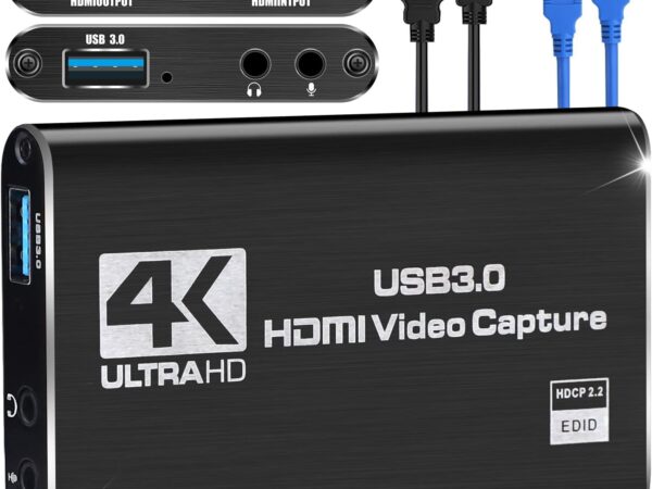 4K Audio Video Capture Card, USB 3.0 HDMI Video Capture Device 4K HDMI Loop-Out, 1080P 60FPS/2K 30FPS For Game Recording, Live Streaming Works for PS5/Switch/Camera/PC/OBS(Black)